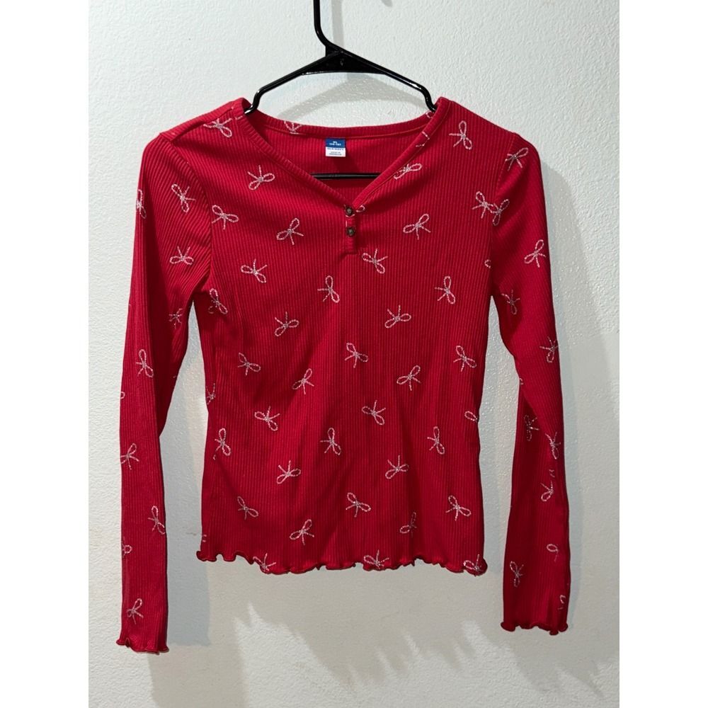 Old Navy Girls XL Ribbed Long Sleeve Red Bow Print Henley Top NO FLAWS/MINT